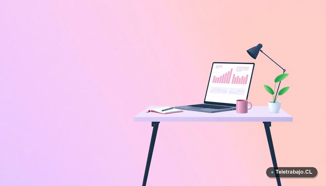 Ilustración vectorial plana de un escritorio moderno y minimalista con laptop, gráficos, una planta y una taza de café, sobre un fondo con gradiente suave de lavanda y durazno.