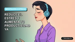 Ilustración plana de mujer teletrabajadora practicando meditación express para reducir el estrés y aumentar la productividad.