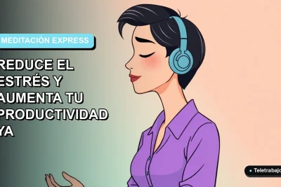 Ilustración plana de mujer teletrabajadora practicando meditación express para reducir el estrés y aumentar la productividad.