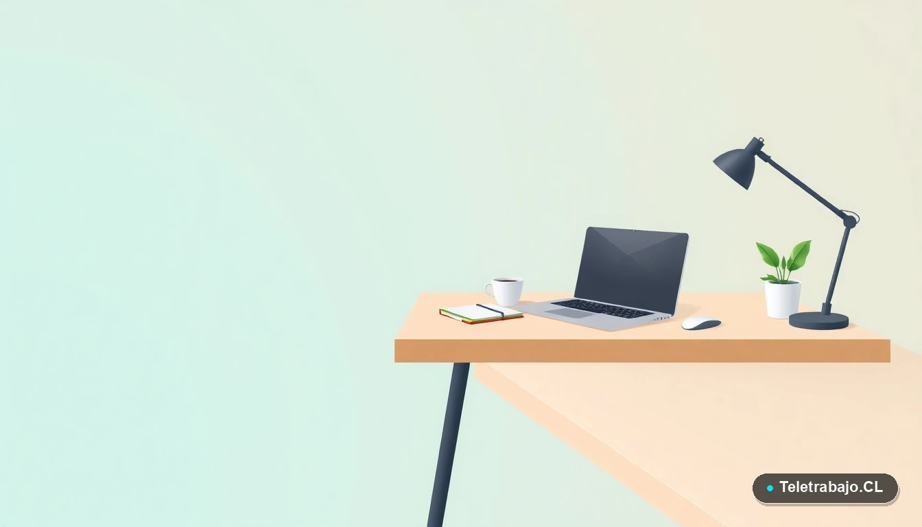 Escritorio moderno minimalista para teletrabajo con laptop, cuaderno, taza de café y planta suculenta, sobre fondo degradado.