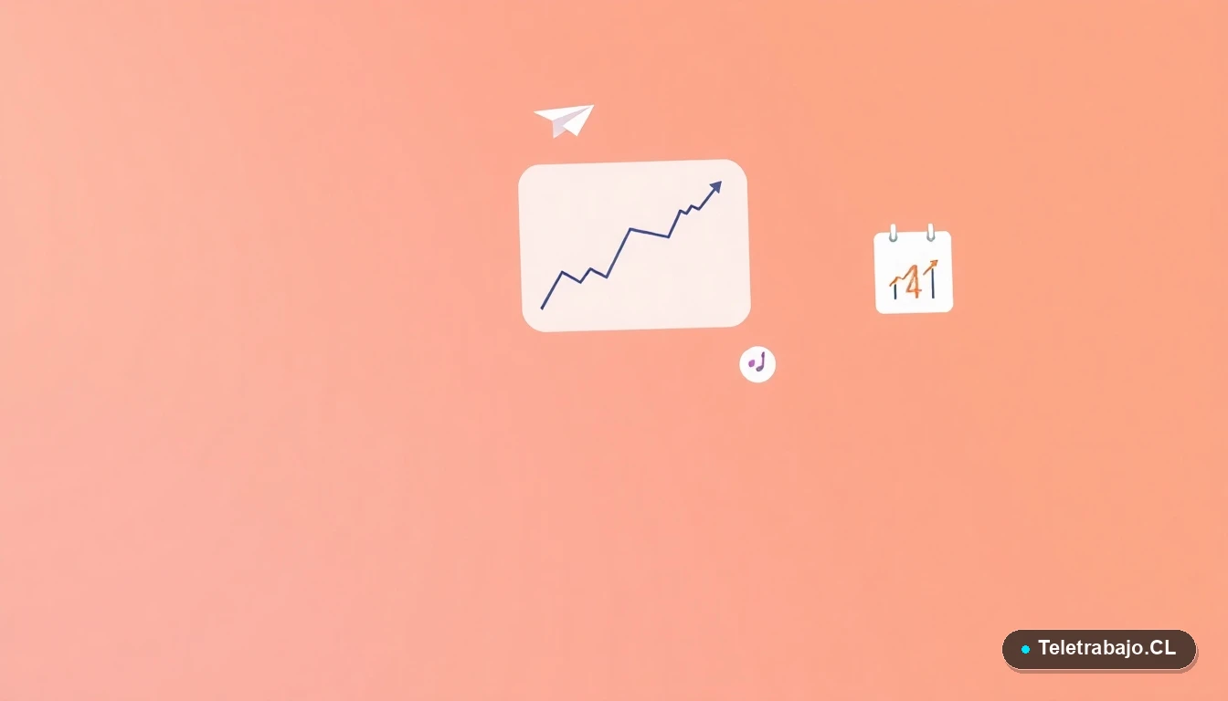 Composición abstracta de interfaz de usuario con gráficos flotantes, un icono de calendario y un avión de papel, sobre un fondo degradado melocotón, estilo ilustración plana moderna.