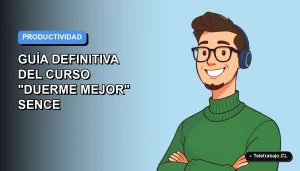Ilustración vectorial plana de un trabajador remoto masculino con suéter verde, sonriendo, sobre un fondo degradado azul. Representa el curso SENCE para mejorar la productividad laboral durmiendo mejor.