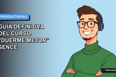 Ilustración vectorial plana de un trabajador remoto masculino con suéter verde, sonriendo, sobre un fondo degradado azul. Representa el curso SENCE para mejorar la productividad laboral durmiendo mejor.
