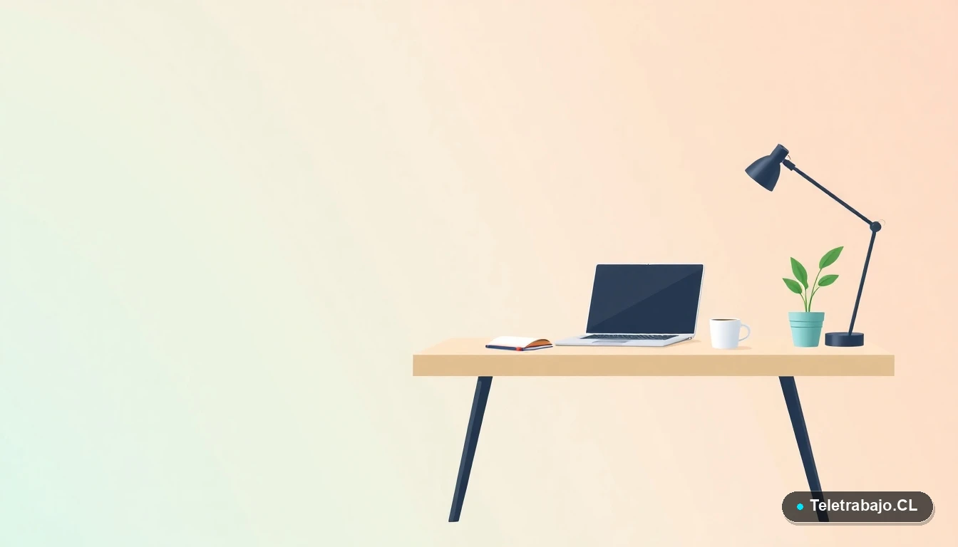 Escritorio moderno y ordenado con laptop, cuaderno, taza de café y planta, en estilo de ilustración vectorial plana sobre fondo degradado menta. Representa un espacio de trabajo productivo y enfocado.