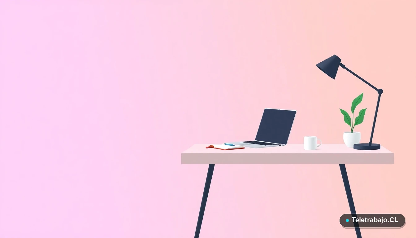 Escritorio moderno y minimalista con laptop, cuaderno, taza de café y planta, sobre un fondo degradado lavanda, concepto de espacio de trabajo productivo.