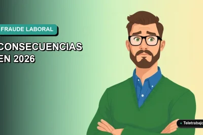 Ilustración vectorial plana de un trabajador masculino de tecnología con expresión de preocupación, sobre fondo degradado verde azulado. Concepto de consecuencias por falsificar el currículum.
