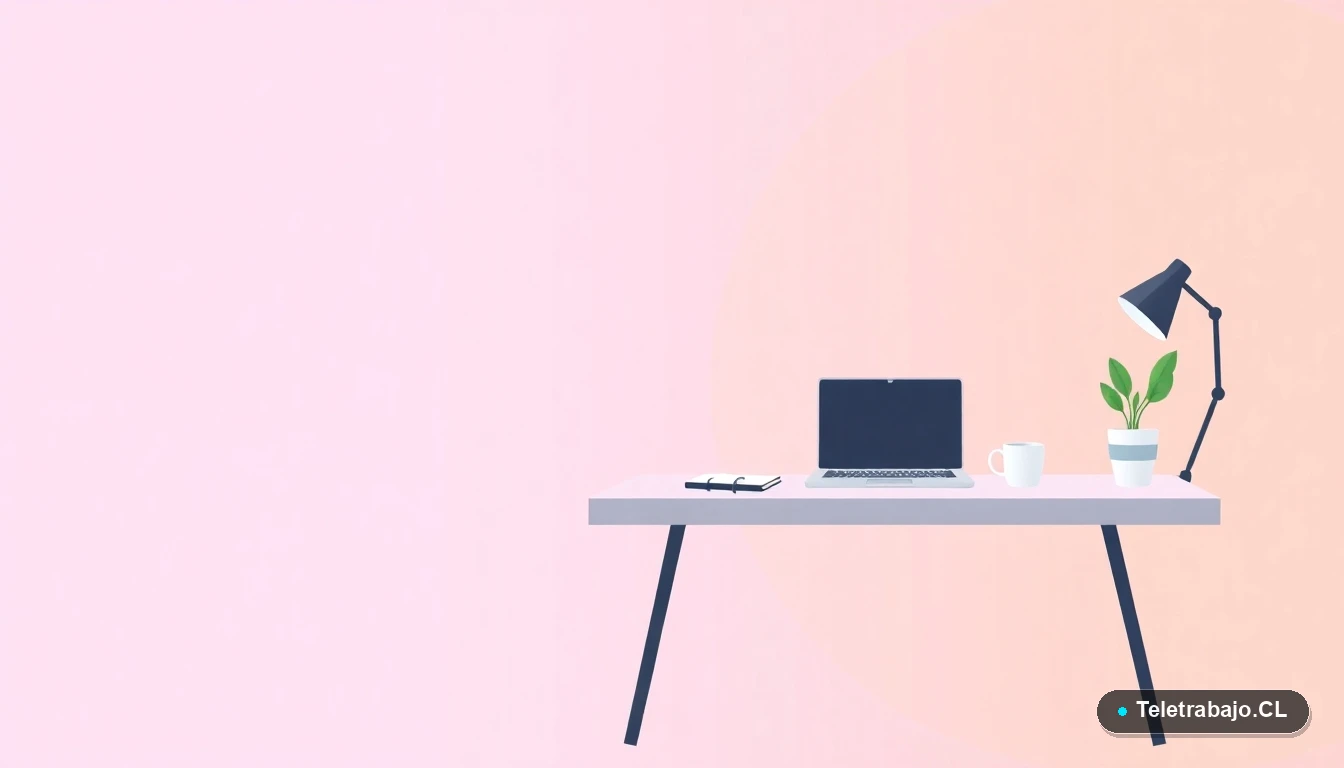 Escritorio moderno minimalista vacío con laptop, cuaderno y taza de café, sobre fondo degradado lila y durazno. Representa un espacio de trabajo profesional y honesto.
