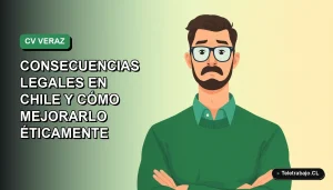 Ilustración vectorial plana de un trabajador masculino con expresión de preocupación, sobre fondo degradado verde, representando las consecuencias de mentir en el currículum en Chile.