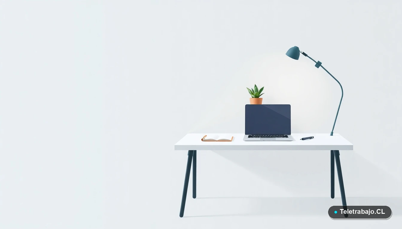 Escritorio moderno minimalista con laptop y planta, sobre fondo degradado azul verdoso, simbolizando un currículum vitae honesto y profesional en Chile.