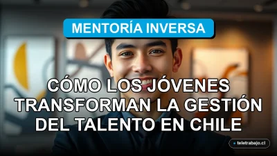 Mentoría inversa en una empresa chilena, un joven mentor y un ejecutivo senior conversan en una oficina moderna.