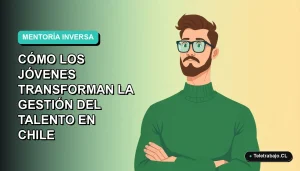 Ilustración plana corporativa de un trabajador joven en mentoría inversa, estilo vectorial moderno, fondo degradado vacío.