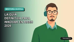 Ilustración vectorial plana de un trabajador masculino de tecnología con suéter verde, sobre un fondo degradado azul verdoso, representando la mentoría inversa en Chile.