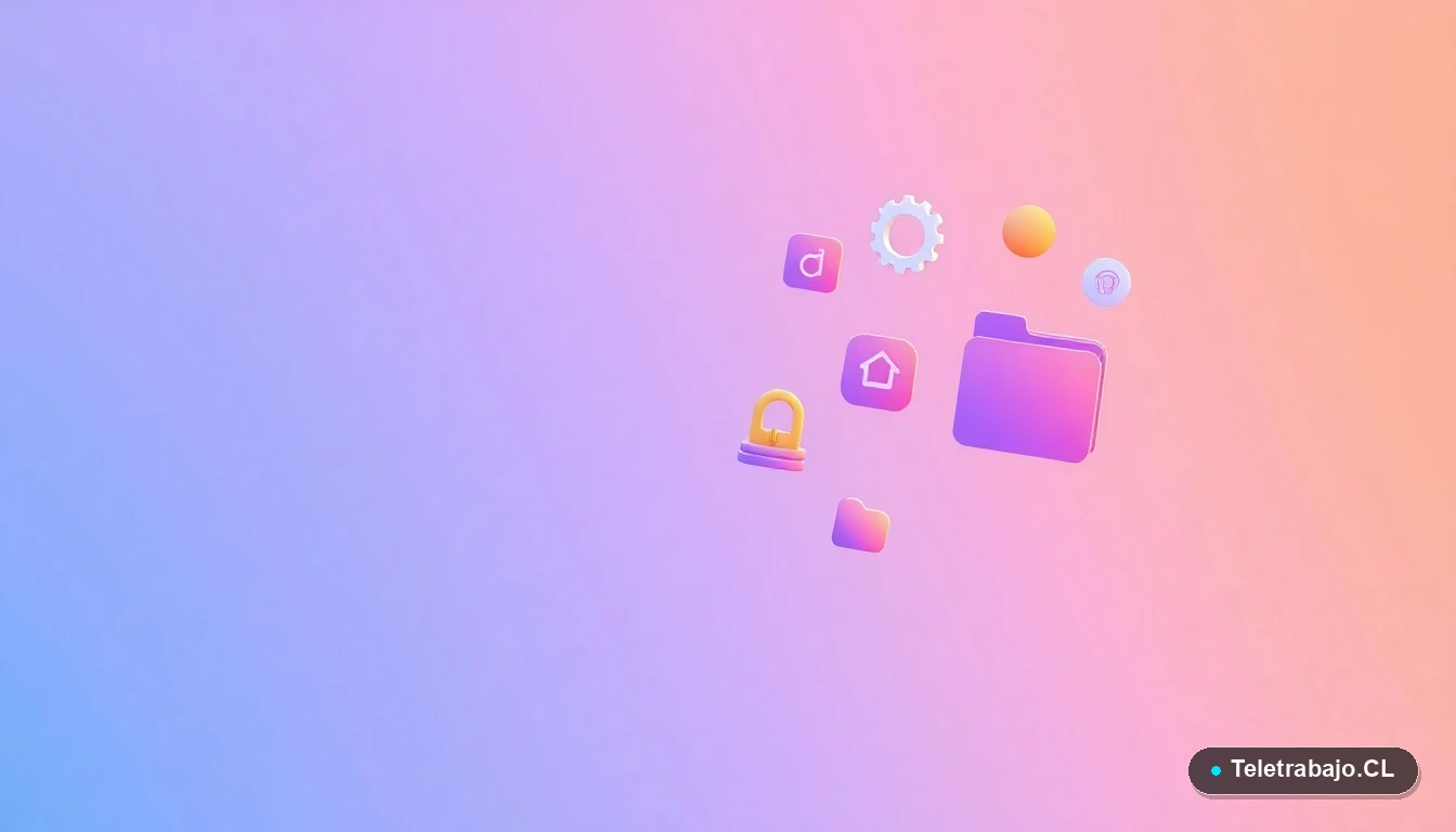 Composición abstracta de interfaz de usuario tecnológica con gráficos y engranajes flotantes en colores lavanda y durazno, sobre fondo degradado, concepto de innovación en recursos humanos.