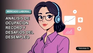 Ilustración vectorial plana de mujer profesional chilena trabajando remotamente, con gráficos de empleo al fondo. Fondo con gradiente suave de color teal.