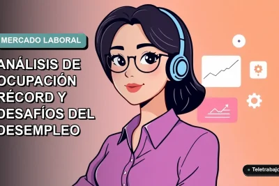 Ilustración vectorial plana de mujer profesional chilena trabajando remotamente, con gráficos de empleo al fondo. Fondo con gradiente suave de color teal.