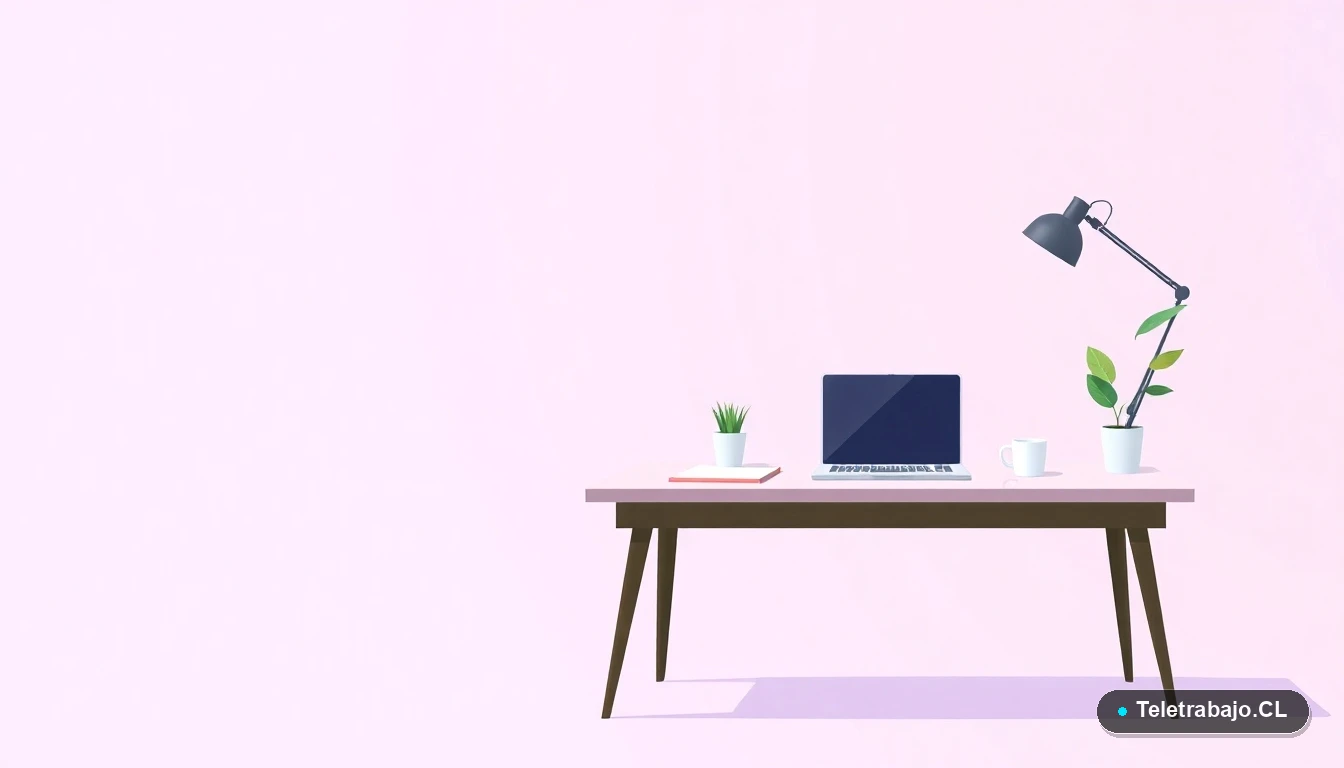 Escritorio moderno minimalista para teletrabajo, con laptop, cuaderno y planta, en estilo de ilustración vectorial plana. Fondo lavanda.