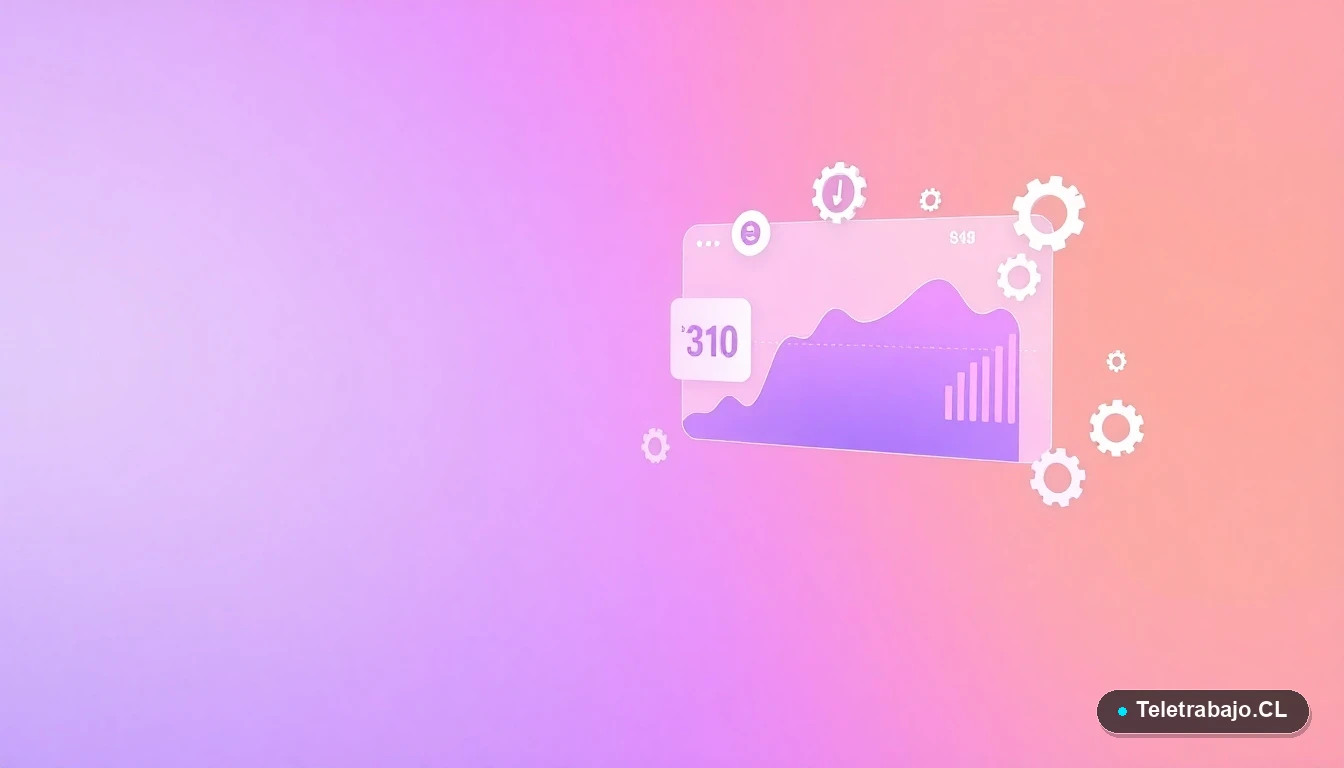 Elementos de interfaz de usuario abstractos y gráficos flotantes en tonos lavanda, representando datos y tendencias del mercado laboral chileno.