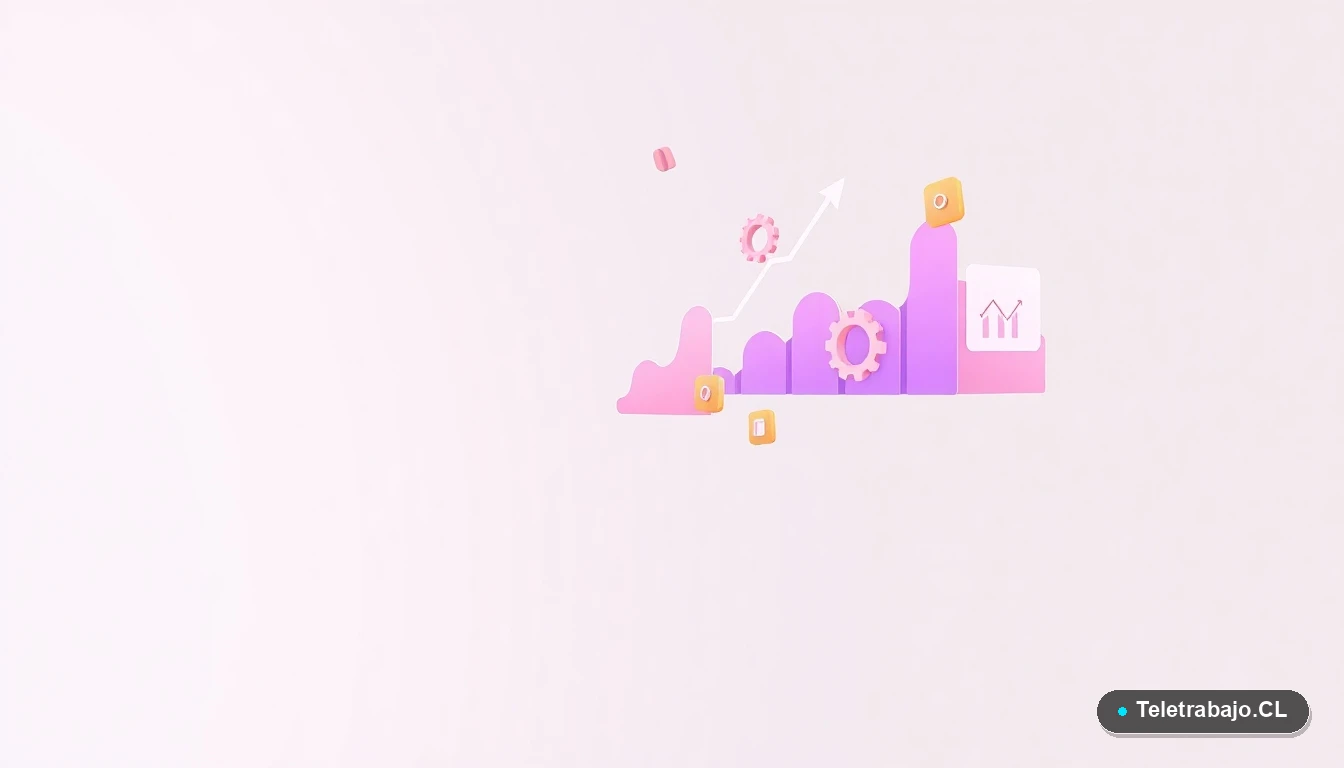 Composición abstracta de interfaz de usuario con gráficos, engranajes y carpetas flotantes en colores lavanda y durazno, sobre fondo gris degradado, simbolizando datos y tecnología del mercado laboral chileno.