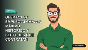 Ilustración vectorial plana de un trabajador masculino de tecnología, con suéter verde, mirando gráficos ascendentes. Fondo con gradiente suave de azul a verde. Espacio negativo a la izquierda.