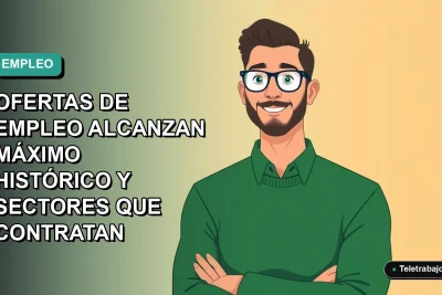 Ilustración vectorial plana de un trabajador masculino de tecnología, con suéter verde, mirando gráficos ascendentes. Fondo con gradiente suave de azul a verde. Espacio negativo a la izquierda.