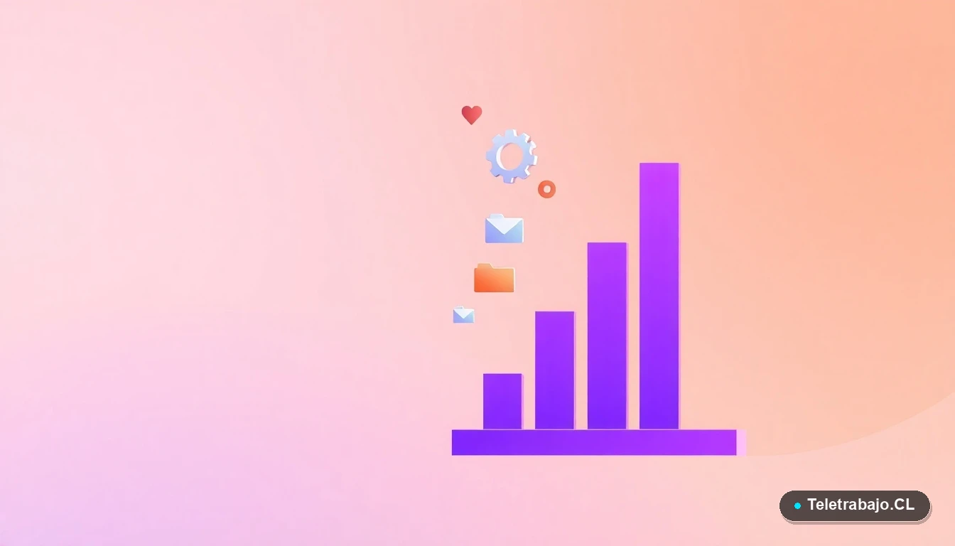 Composición abstracta de interfaz de usuario tecnológica con gráficos de barras ascendentes, engranajes y carpetas flotantes en colores lavanda y durazno. Fondo con gradiente suave. Espacio negativo a la izquierda.