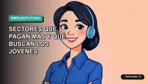 Ilustración plana vectorial de una mujer joven profesional chilena con blusa azul y pelo corto, mirando confiada hacia el futuro laboral, sobre fondo degradado suave azul verdoso. Estilo Corporate Memphis.