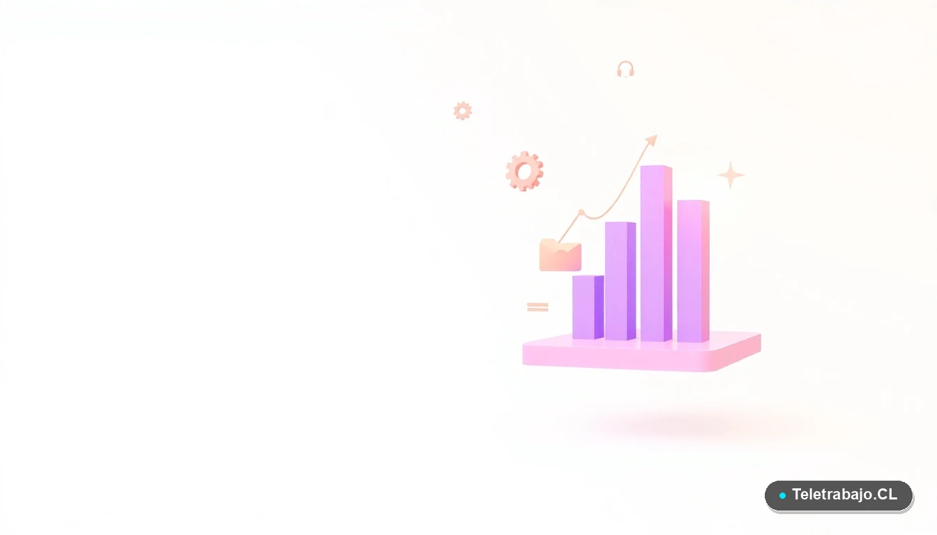 Elementos de interfaz de usuario abstractos y modernos, como gráficos de barras flotantes y engranajes estilizados en colores lavanda y durazno, representando datos y tecnología.