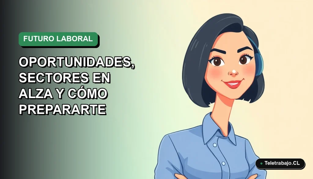 Ilustración plana vectorial de una mujer profesional chilena con blusa azul y corte bob, representando el futuro del trabajo remoto en Chile para el año 2026, sobre fondo degradado verde suave.