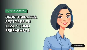 Ilustración plana vectorial de una mujer profesional chilena con blusa azul y corte bob, representando el futuro del trabajo remoto en Chile para el año 2026, sobre fondo degradado verde suave.