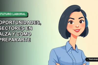 Ilustración plana vectorial de una mujer profesional chilena con blusa azul y corte bob, representando el futuro del trabajo remoto en Chile para el año 2026, sobre fondo degradado verde suave.