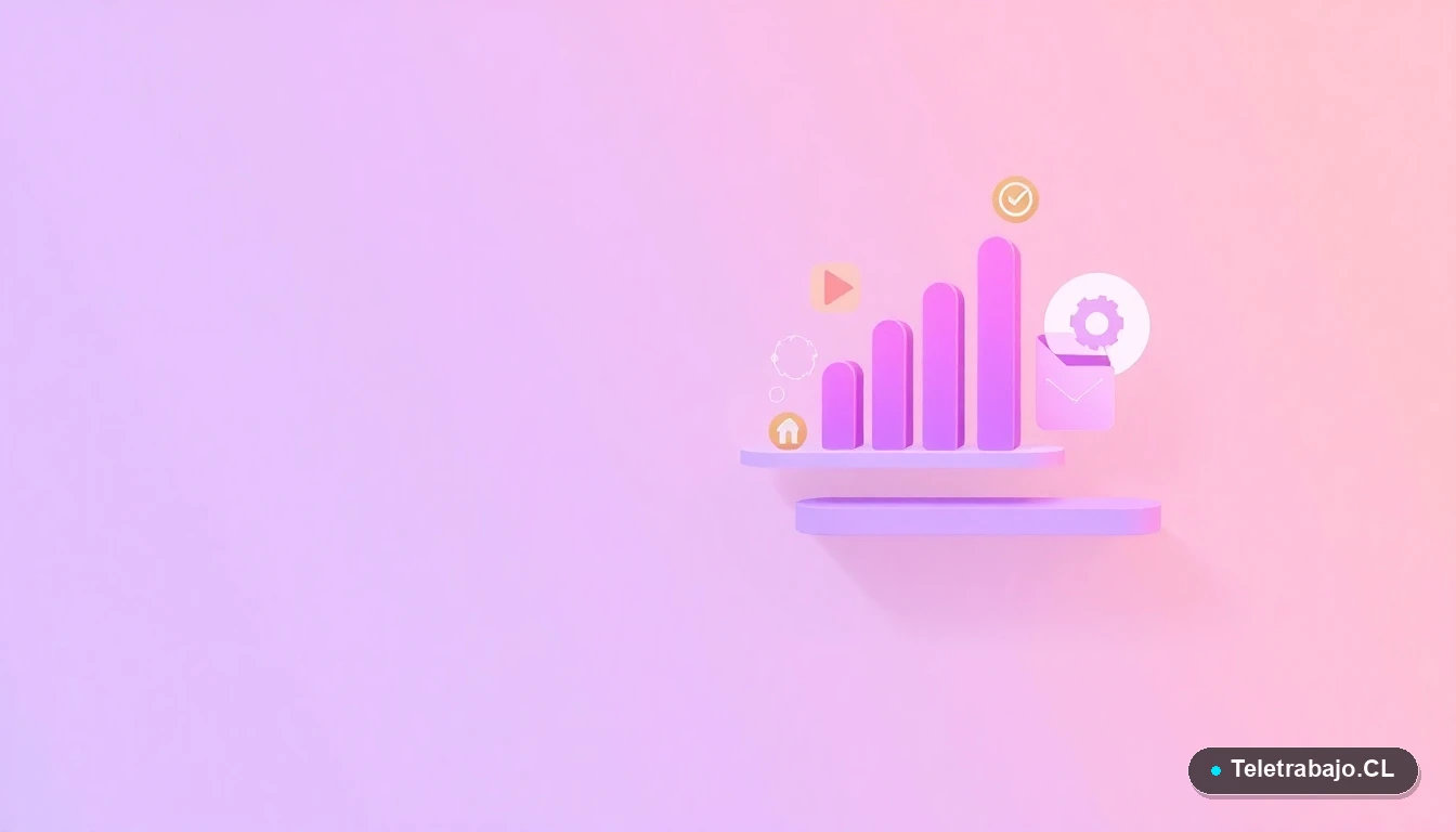 Composición abstracta de interfaz de usuario con gráficos ascendentes, un engranaje y una carpeta, en tonos lavanda y durazno, simbolizando el análisis de datos y sectores tecnológicos en alza para Chile 2026.