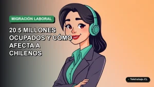 Ilustración plana vectorial de mujer profesional chilena trabajando remotamente, con gráficos de crecimiento laboral español de fondo, estilo Corporate Memphis.