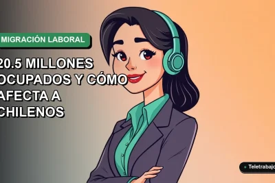 Ilustración plana vectorial de mujer profesional chilena trabajando remotamente, con gráficos de crecimiento laboral español de fondo, estilo Corporate Memphis.