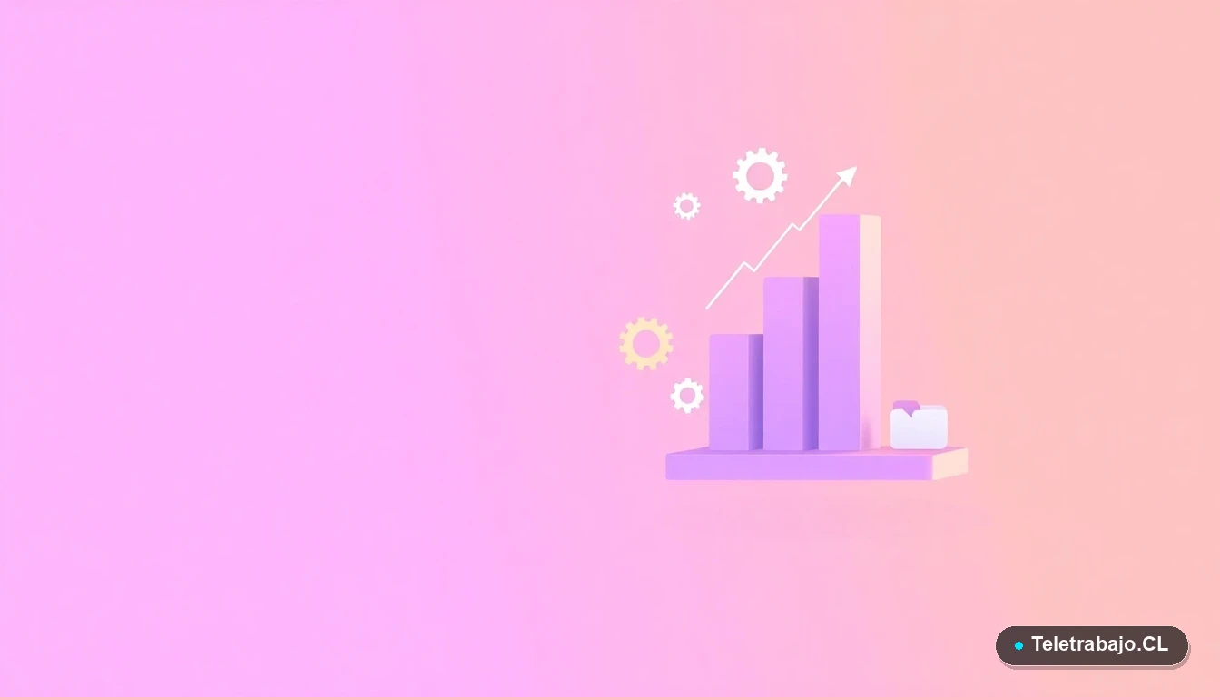 Composición abstracta de interfaz de usuario con gráficos flotantes y engranajes estilizados en tonos lavanda y durazno, sobre fondo degradado, simbolizando datos y tendencias tecnológicas del mercado laboral.