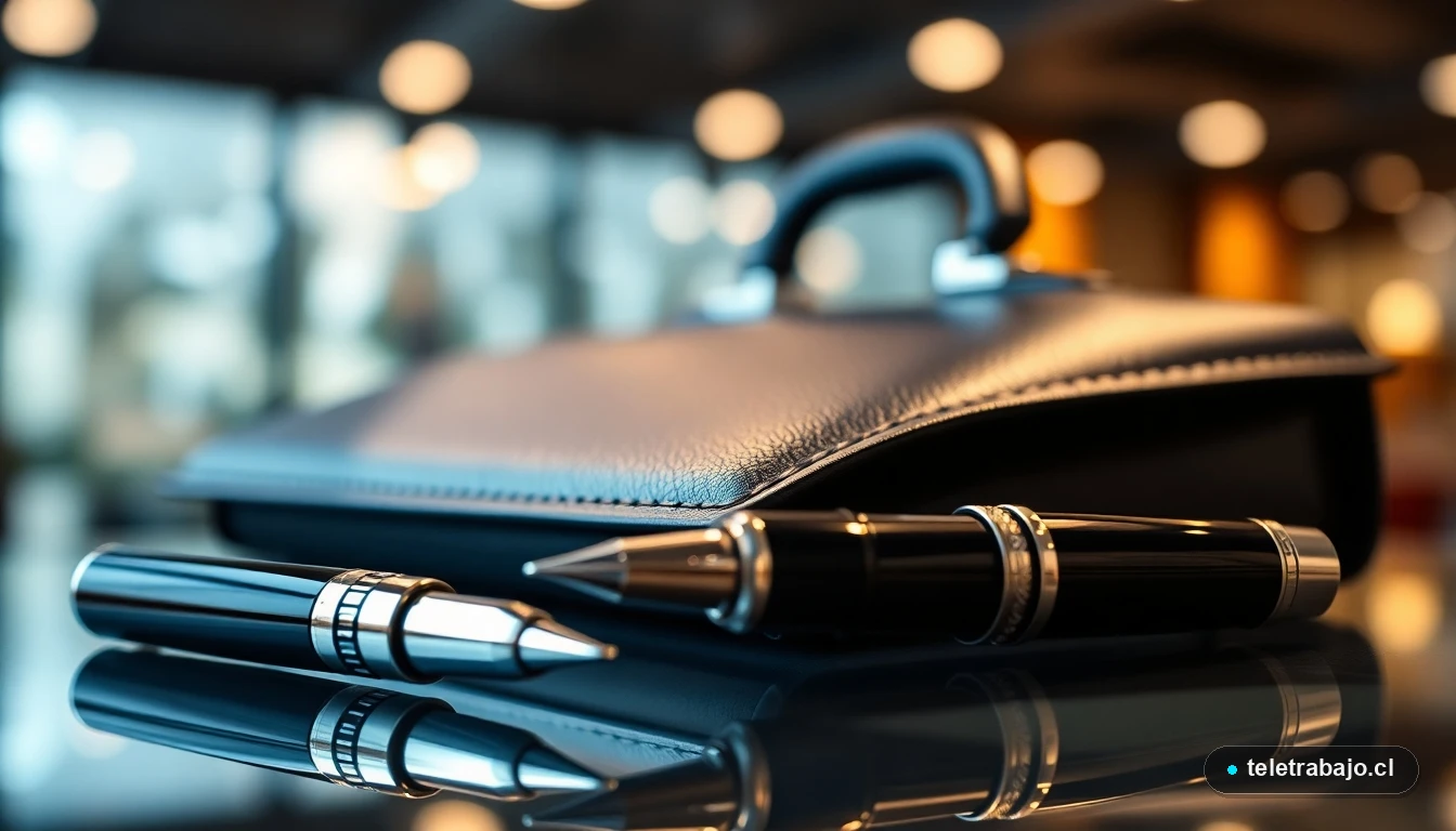Primer plano detallado de un maletín de cuero y una pluma estilográfica sobre vidrio, simbolizando herramientas profesionales de alto nivel