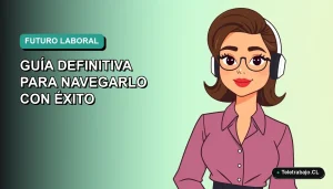 Ilustración plana corporativa de una mujer profesional trabajando de forma remota, fondo con gradiente suave de color verde azulado, concepto de futuro del trabajo.