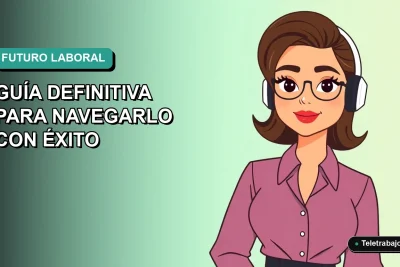 Ilustración plana corporativa de una mujer profesional trabajando de forma remota, fondo con gradiente suave de color verde azulado, concepto de futuro del trabajo.