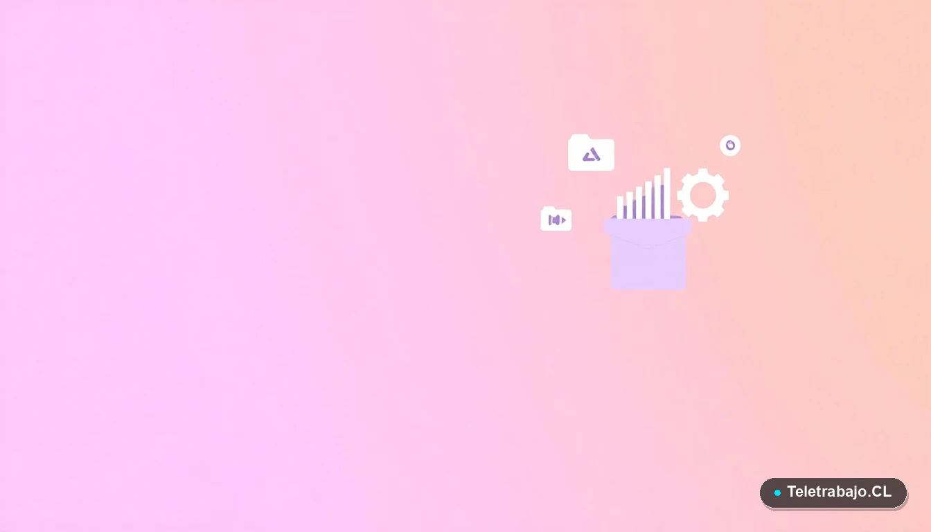 Elementos de interfaz de usuario abstractos y modernos, como gráficos y engranajes flotantes, sobre un fondo con gradiente lavanda y durazno, representando la tecnología y el análisis de datos.