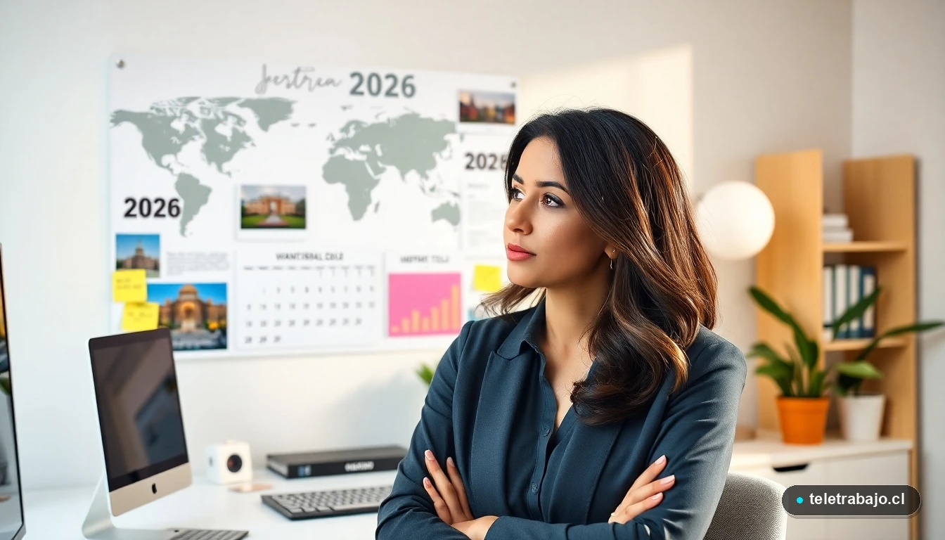 Mujer chilena profesional planificando sus metas para el año 2026 en su oficina en casa