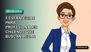 Ilustración plana vectorial de una profesional chilena sonriente, con blazer azul y camisa blanca, sobre fondo degradado verde azulado. Espacio negativo a la izquierda.