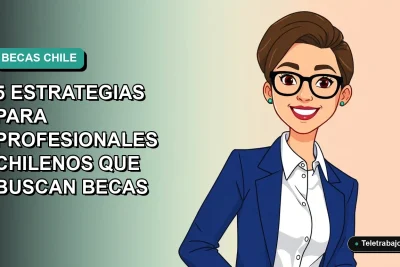 Ilustración plana vectorial de una profesional chilena sonriente, con blazer azul y camisa blanca, sobre fondo degradado verde azulado. Espacio negativo a la izquierda.