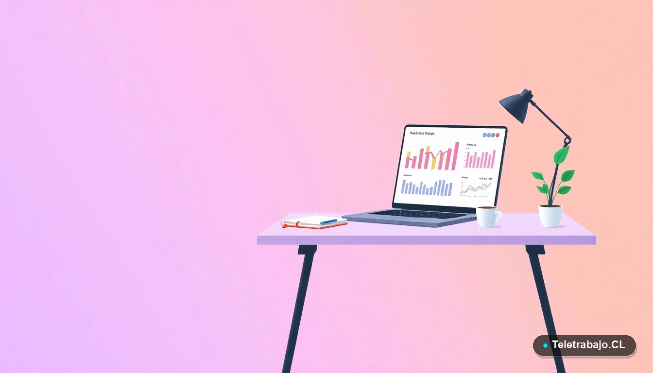 Escritorio moderno minimalista con laptop, gráficos abstractos, café y una planta, ilustración plana vectorial sobre fondo degradado lavanda y durazno.