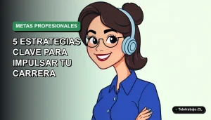 Ilustración plana vectorial de una mujer profesional chilena con blusa azul, sonriendo, sobre fondo degradado verde. Concepto de metas profesionales y crecimiento laboral 2026.