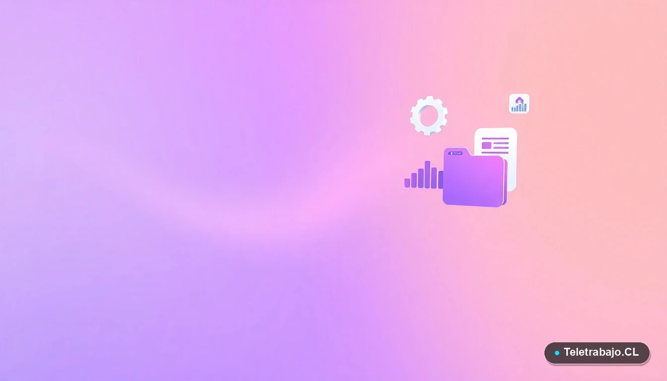 Elementos de interfaz de usuario abstractos y minimalistas: gráficos flotantes, un engranaje y una carpeta, sobre fondo degradado lila. Representa estrategias y planificación profesional tecnológica.