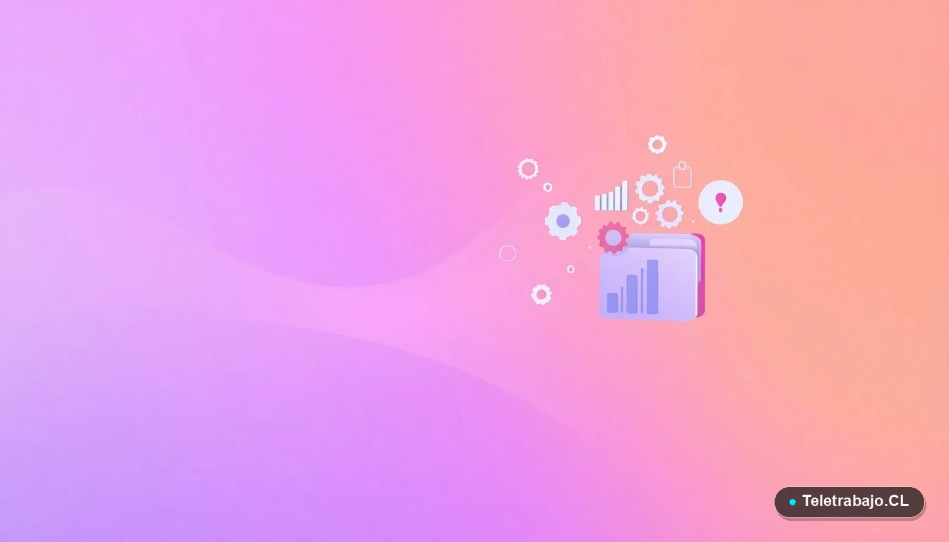 Elementos de interfaz de usuario abstractos y modernos, como gráficos y engranajes flotantes, representando la planificación de metas SMART para el teletrabajo.