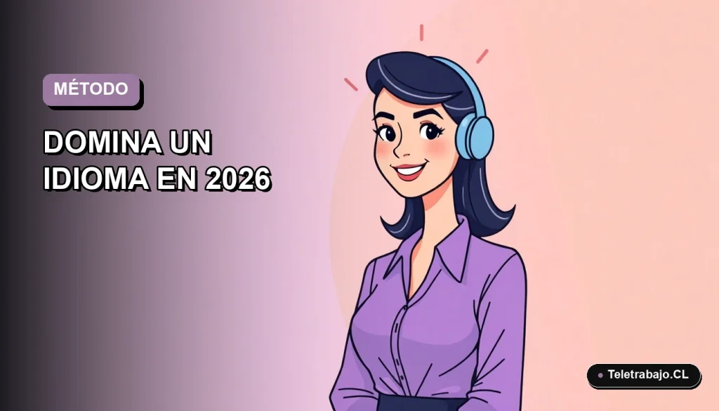 Ilustración plana vectorial de una mujer profesional de teletrabajo sonriendo, con fondo degradado lavanda. Representa el Método 15-30-15 para dominar un idioma.