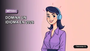 Ilustración plana vectorial de una mujer profesional de teletrabajo sonriendo, con fondo degradado lavanda. Representa el Método 15-30-15 para dominar un idioma.