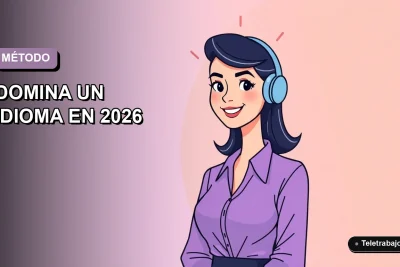 Ilustración plana vectorial de una mujer profesional de teletrabajo sonriendo, con fondo degradado lavanda. Representa el Método 15-30-15 para dominar un idioma.