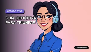 Ilustración plana corporativa de una mujer profesional de tecnología con blusa azul, sonriendo, sobre un fondo degradado lavanda suave. Concepto de entrevista laboral.