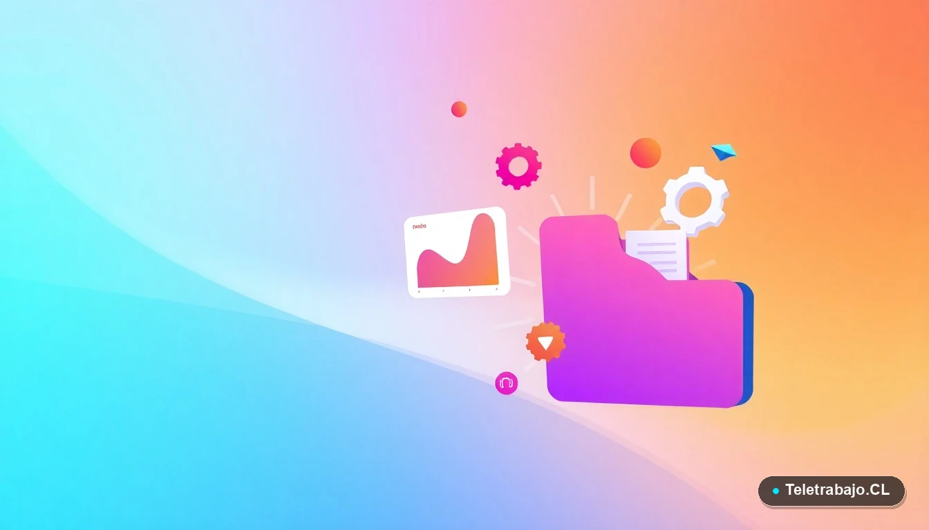 Composición abstracta de interfaz de usuario tecnológica con gráficos flotantes, un engranaje y carpetas, en estilo de ilustración plana corporativa, sobre un fondo degradado de menta a azul verdoso.